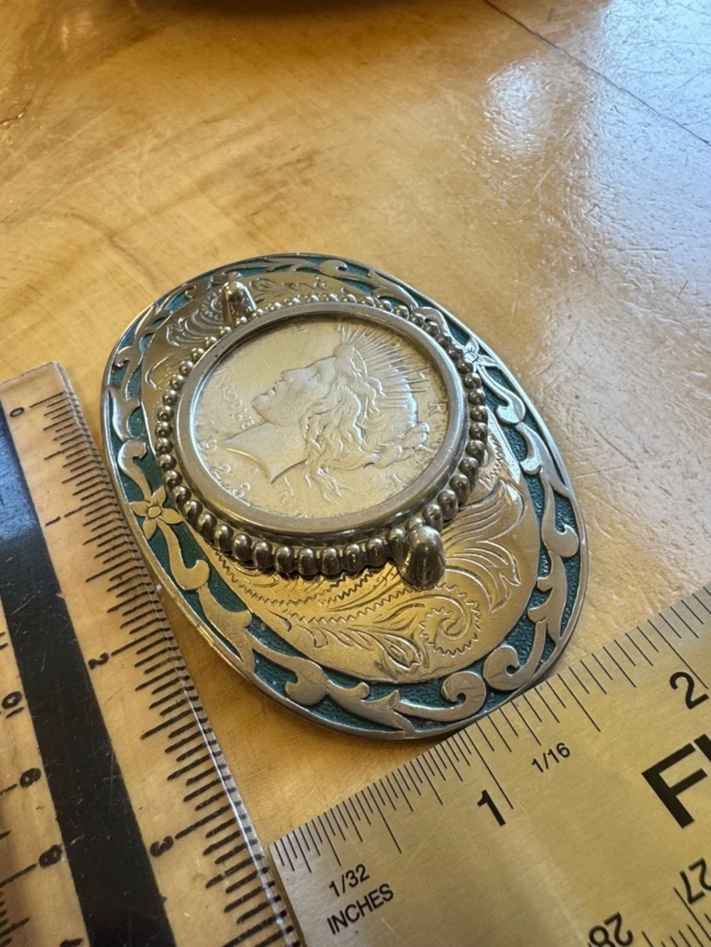 1923 SILVER $ BELT BUCKLE with GENUINE PEACE DOLLAR ADAPTABLE USA VINTAGE UNISEX